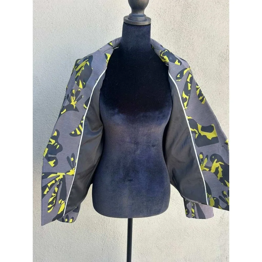 Banana Republic Womens Gray Neon Yellow Abstract Floral Blazer Jacket Size 2